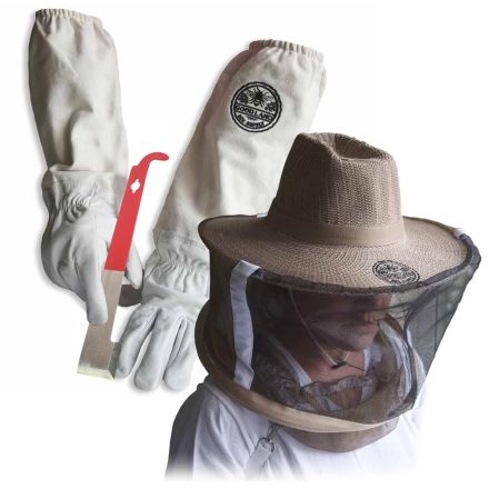 Goodland Bee Supply GL-GLV-JHK-VL-SM Sheep Skin Beekeeping Protective Gloves with Canvas Sleeves and Beekeeping Hat Includes Round Veil - Small & J-Hook Beehive Scraper Tool