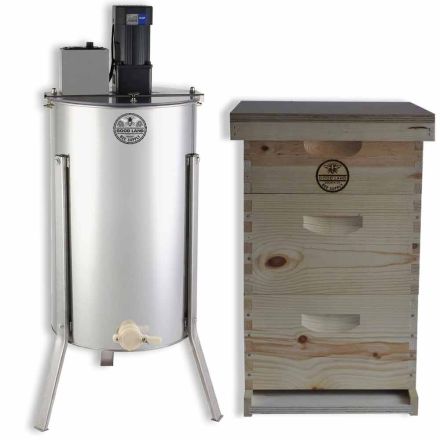 Goodland Bee Supply GL-E2M-2BK1SK Complete 3 Tier Bee Hive Kit Including Electric 2 Frame Honey Extractor. Bee Foundations and Frames, Inner Cover, Telescoping Top, Hive Bottom and Excluder Included