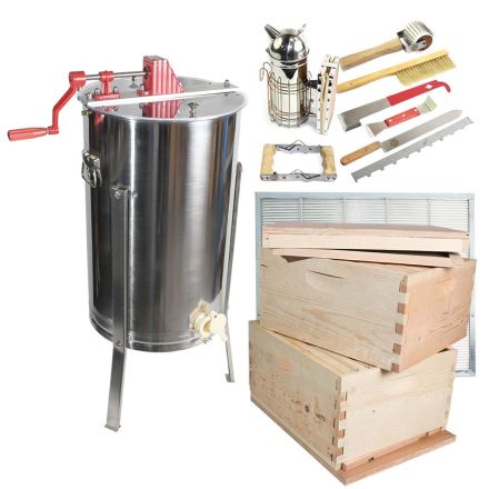 Goodland Bee Supply GLBSE4STACKCTS1 Beekeeping Beehive Kit includes 2 Frame Manual Honey Extractor, Metal Queen Excluder, Frames, Foundations, Brood Box, Super Box, Spacer, Entrance Reducer, Top and Bottom