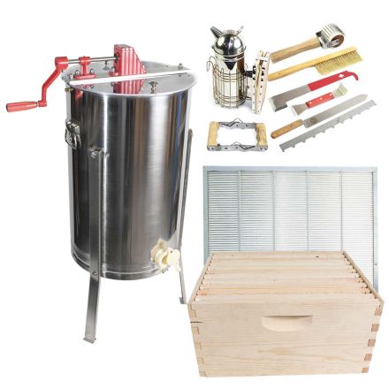 Goodland Bee Supply GLESUPERX2CTS1 Beekeeping Beehive Kit includes 2 Frame Manual Honey Extractor, Metal Queen Excluder, Frames, Foundations, Super Box & Spacer